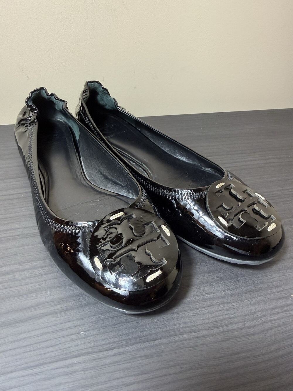 Tory Burch Minnie Travel Ballet Flats Black Patent Leather Logo Women's Size 9